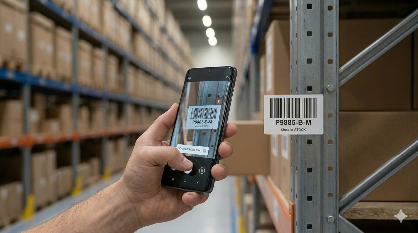 A hand using a smartphone to scan a professional barcode label on a warehouse rack