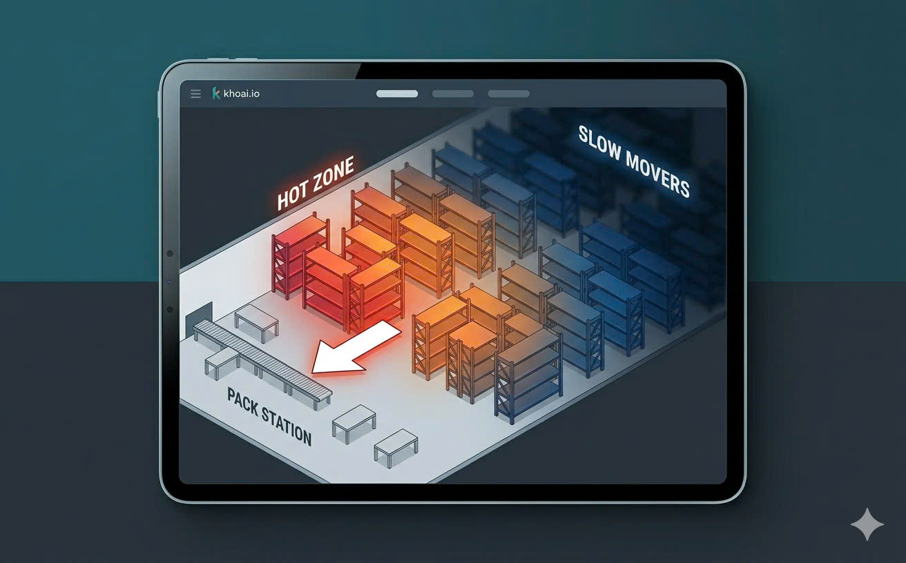 Góc nhìn 3D isometric bản đồ kho hàng trên máy tính bảng. SKU bán chạy gần trạm đóng gói phát sáng đỏ/cam; hàng chậm màu xanh lạnh. Mũi tên chỉ từ Vùng Nóng đến Trạm Đóng Gói.